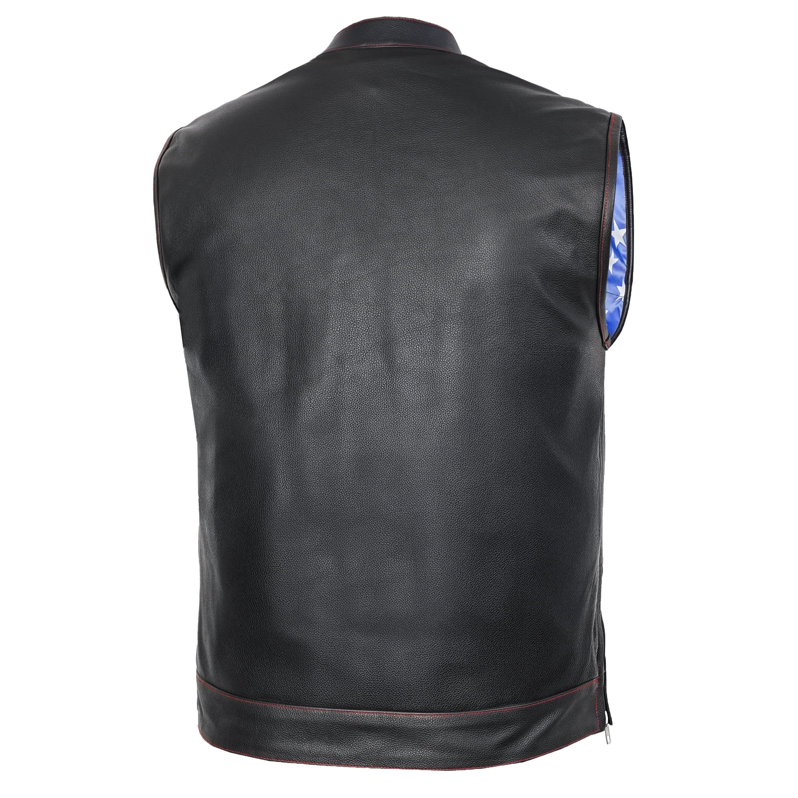 Mens's Leather Motorcycle Vest with Scoop Collar & USA Flag