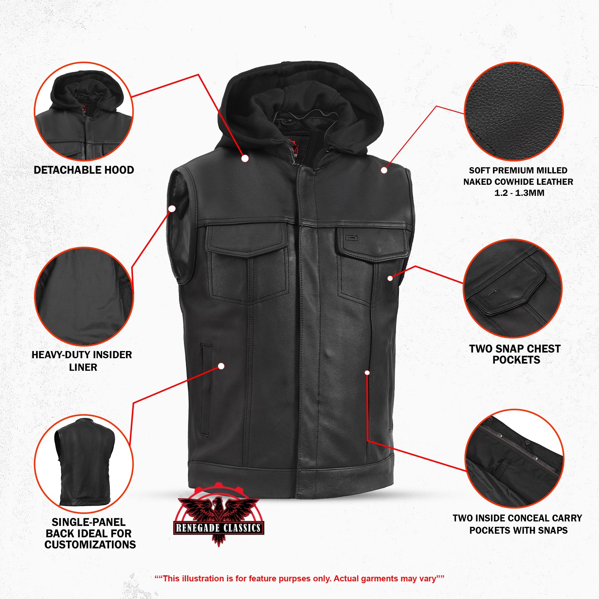 Men's Black Leather Motorcycle Vest with Removable Hood