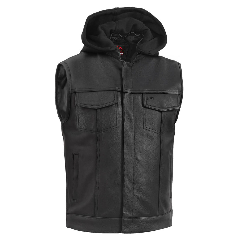 Men's Black Leather Motorcycle Vest with Removable Hood