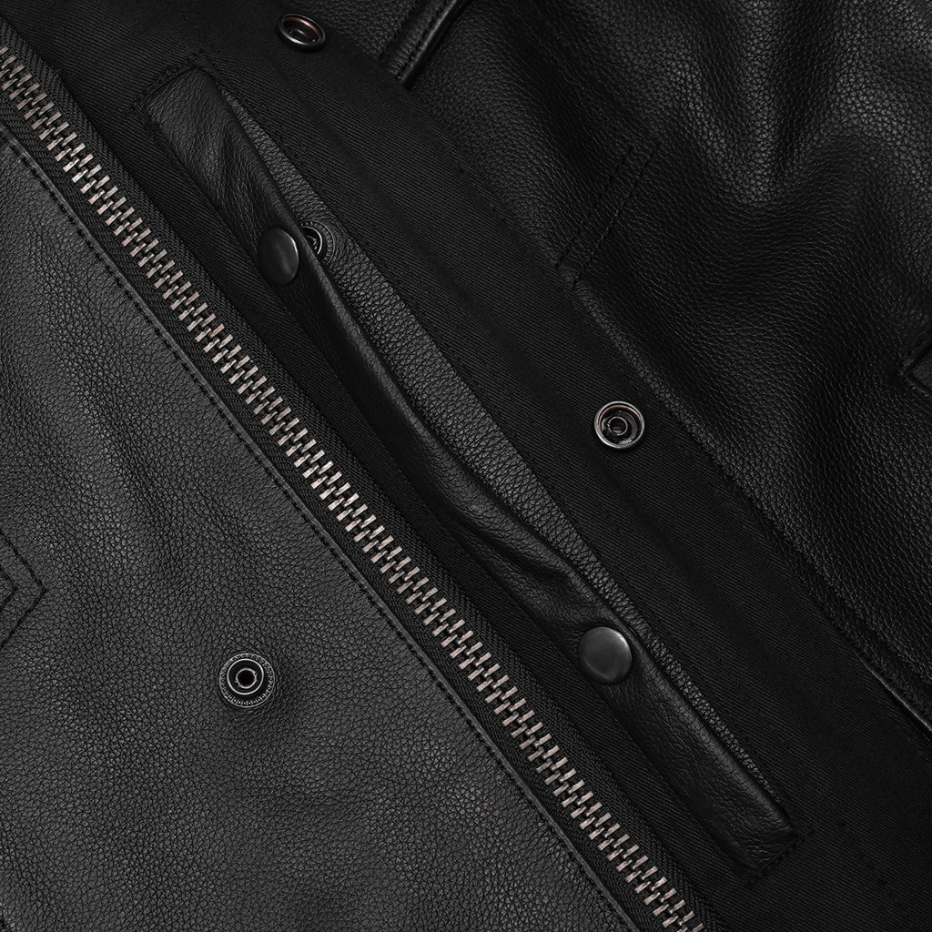Men's Black Leather Motorcycle Vest with Removable Hood
