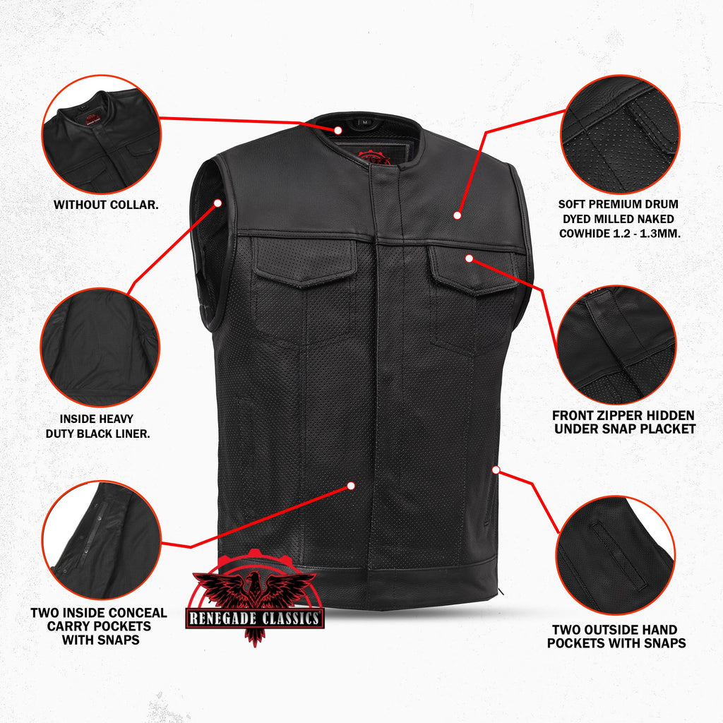 Men's Collarless Perforated Leather Vest - Black