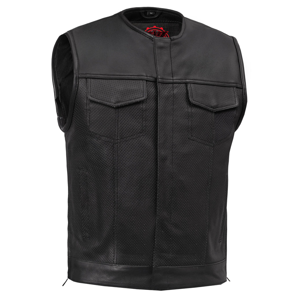 Men's Collarless Perforated Leather Vest - Black