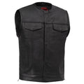 Men's Collarless Perforated Leather Vest - Black