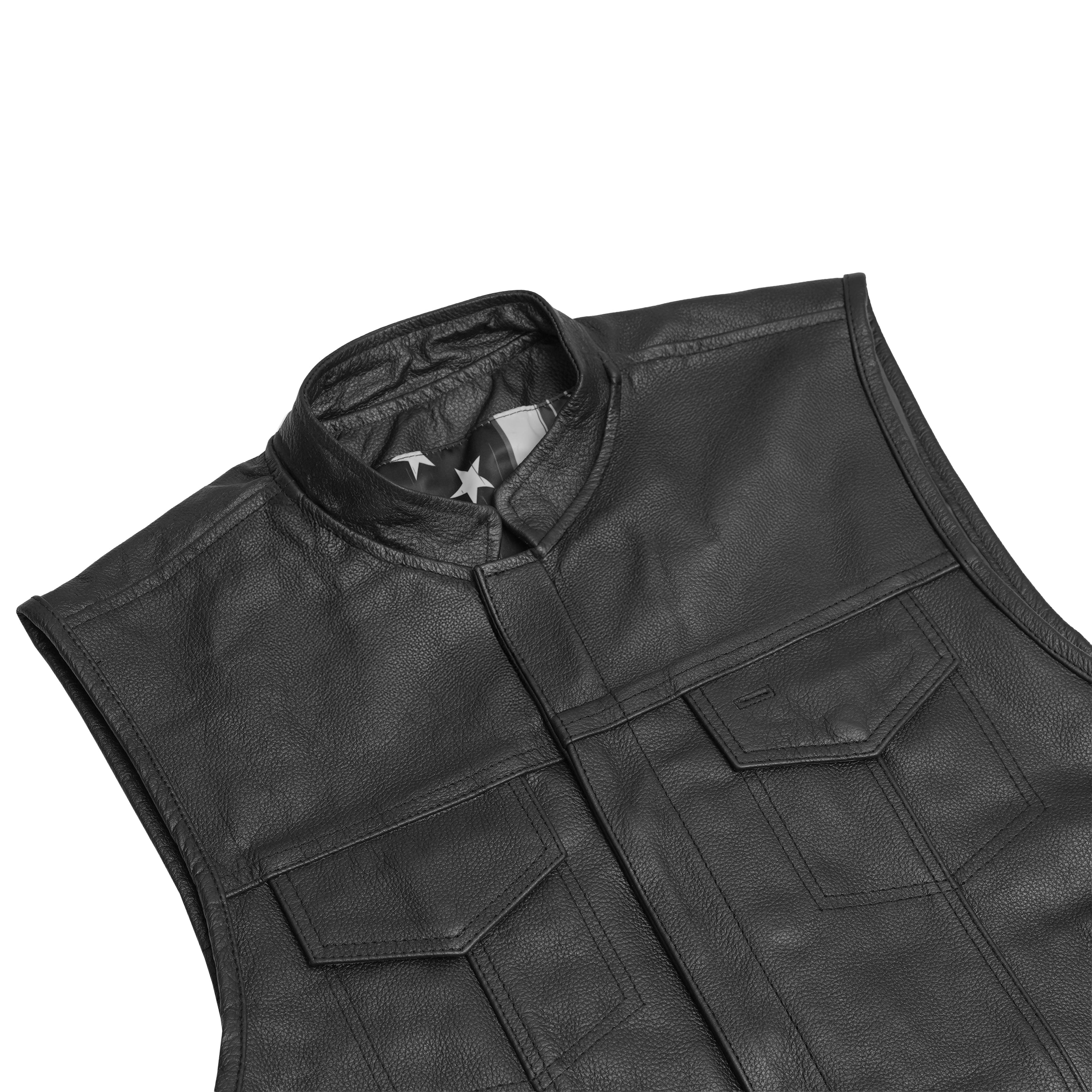 Private Men's Black Leather Motorcycle Vest