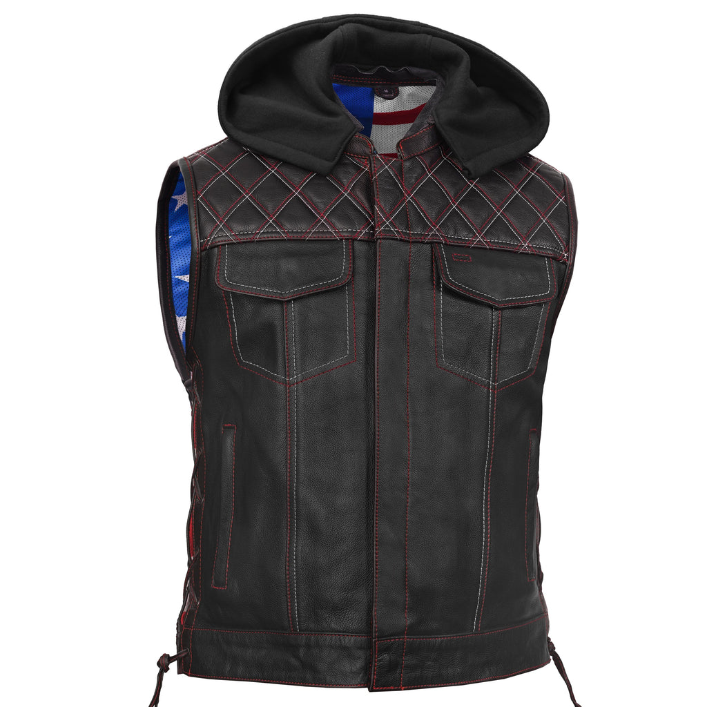 Men's Road Edge Leather Black Vest – Removable Hood