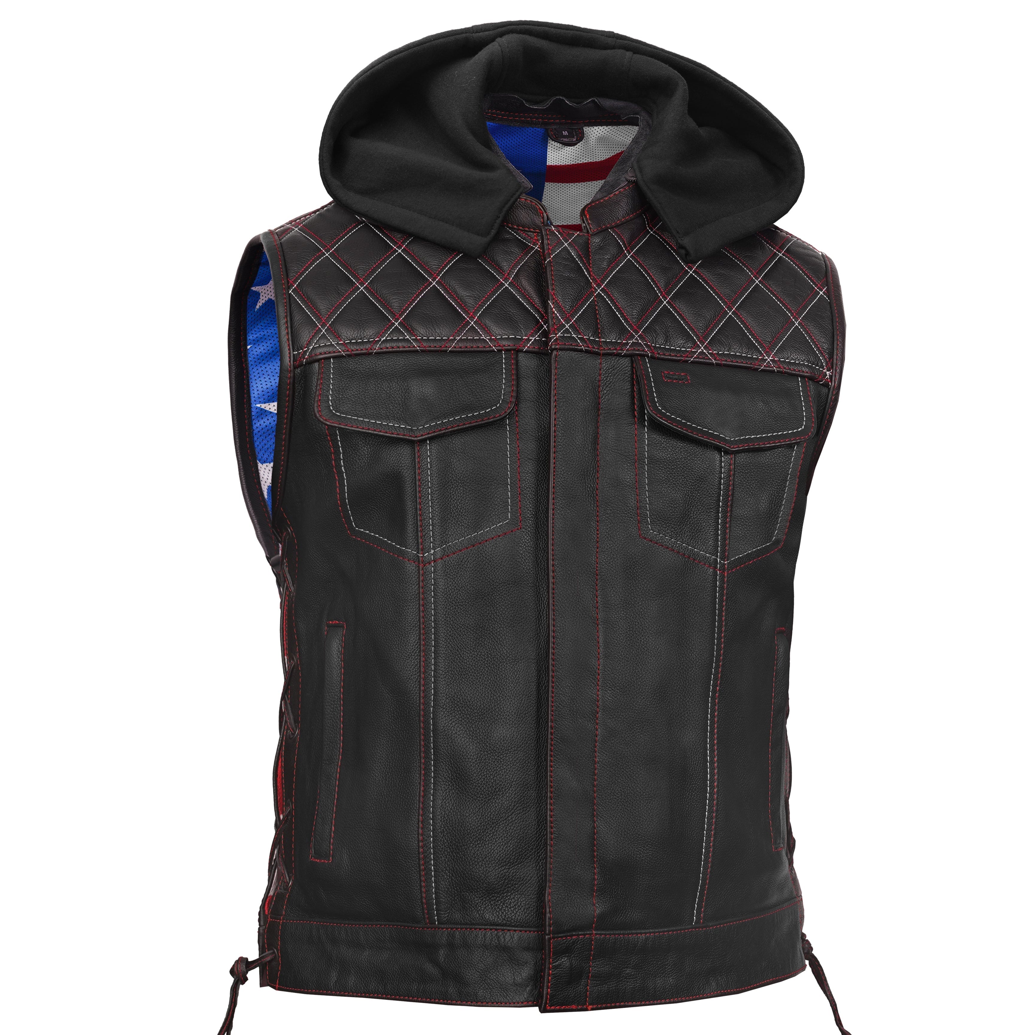 Men's Road Edge Leather Black Vest – Removable Hood
