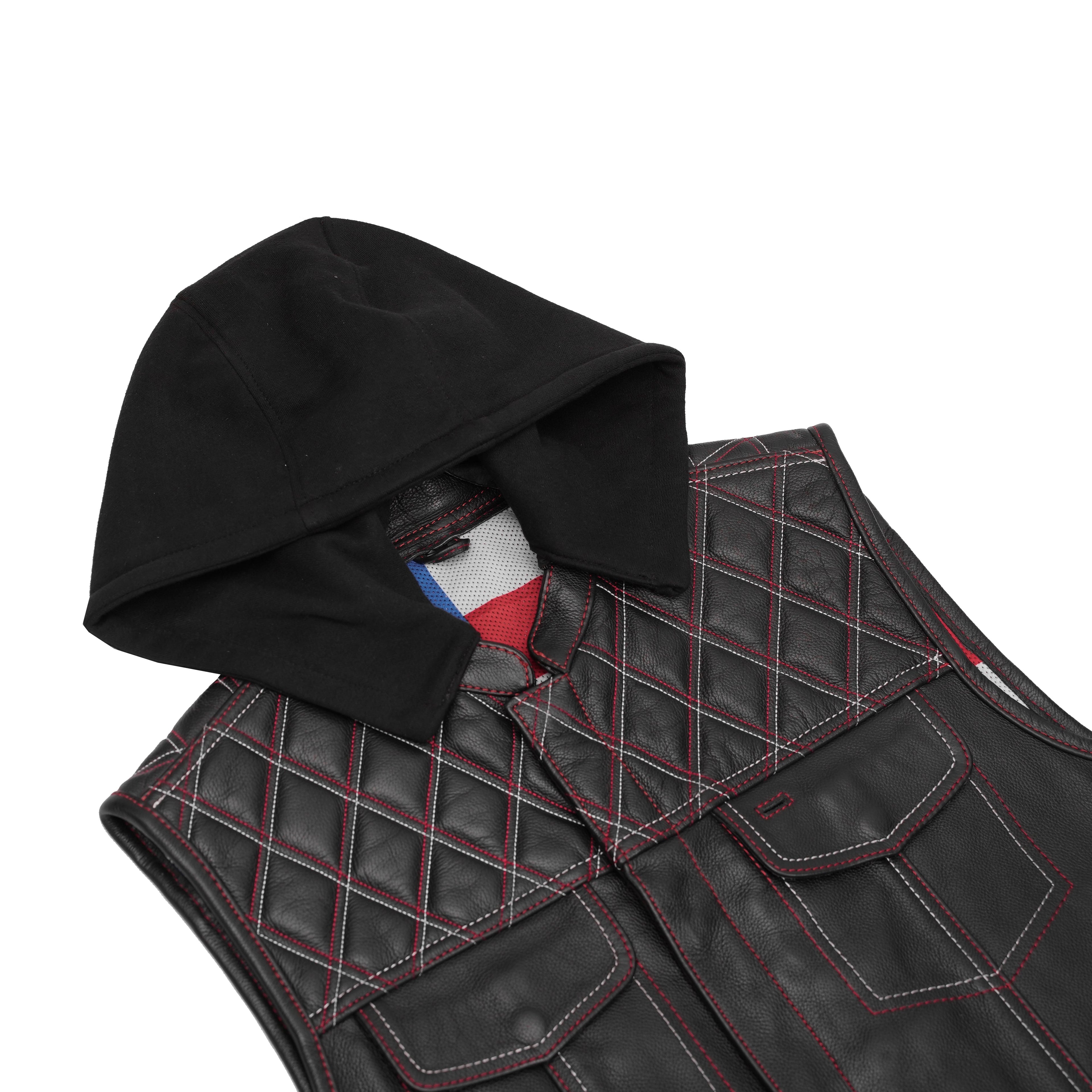 Men's Road Edge Leather Black Vest – Removable Hood