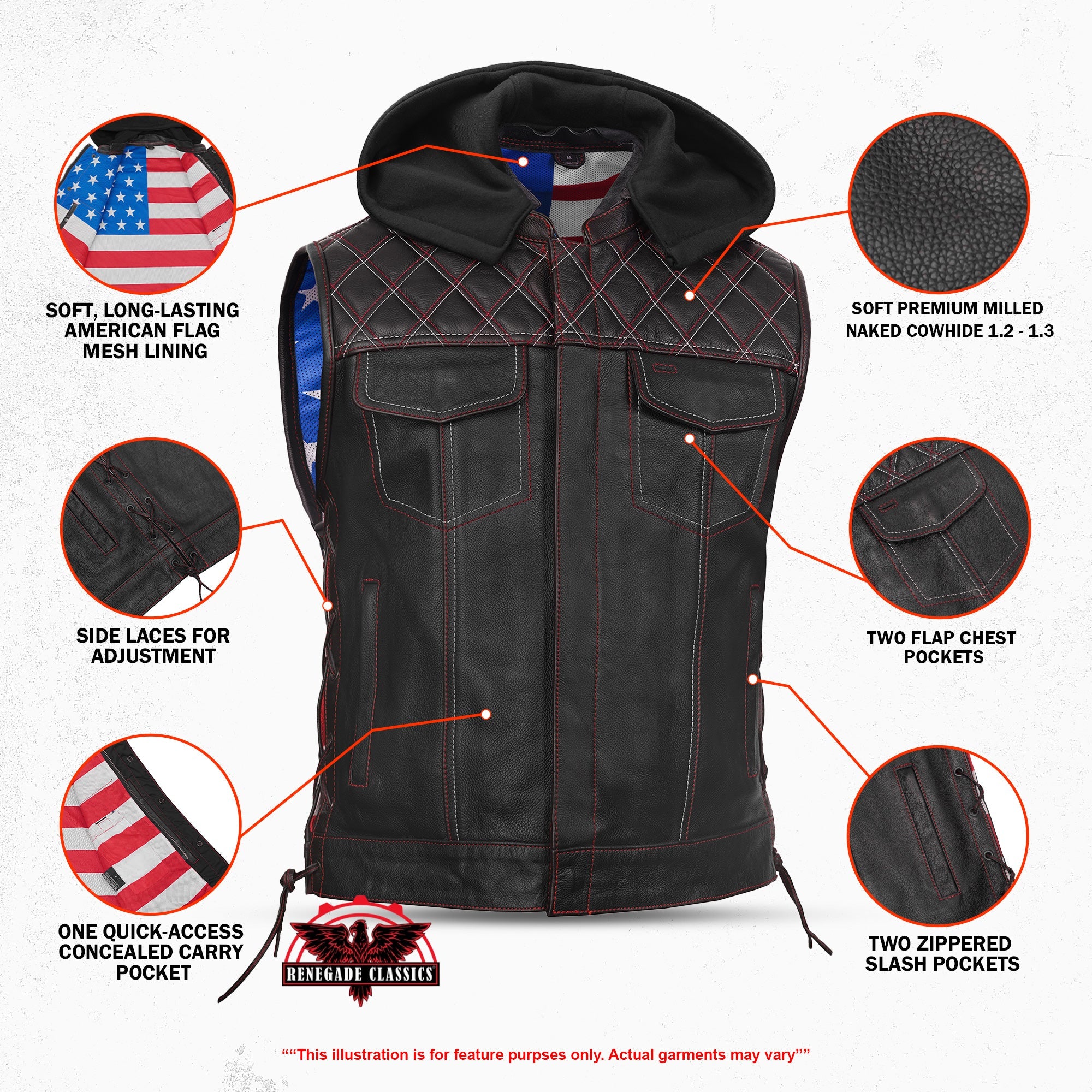 Men's Road Edge Leather Black Vest – Removable Hood