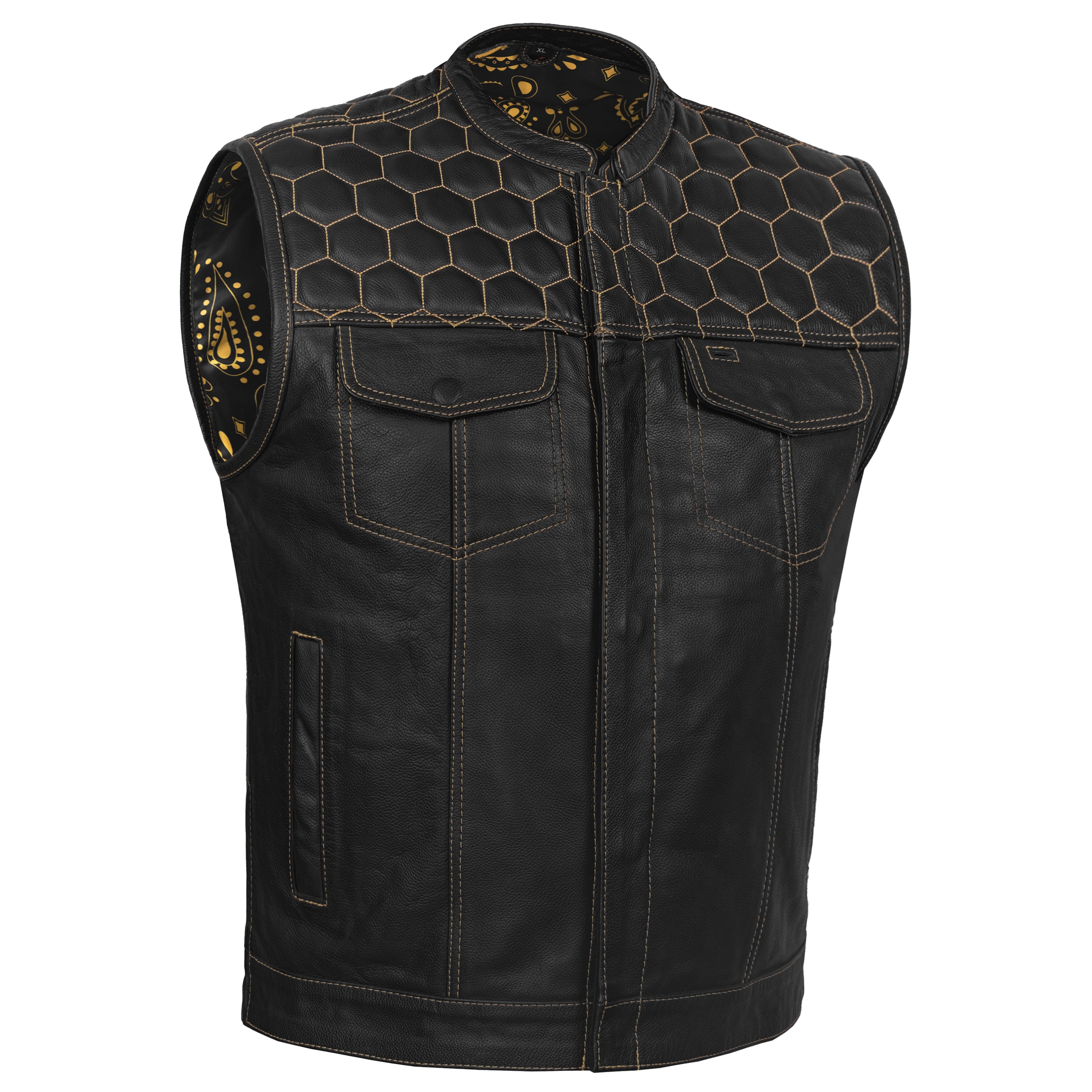 Men's Gold Rush Black Leather Vest - Yellow Stitching
