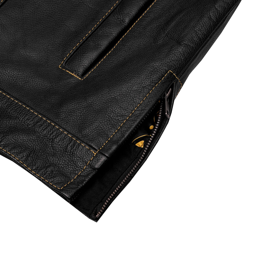 Men's Gold Rush Black Leather Vest - Yellow Stitching