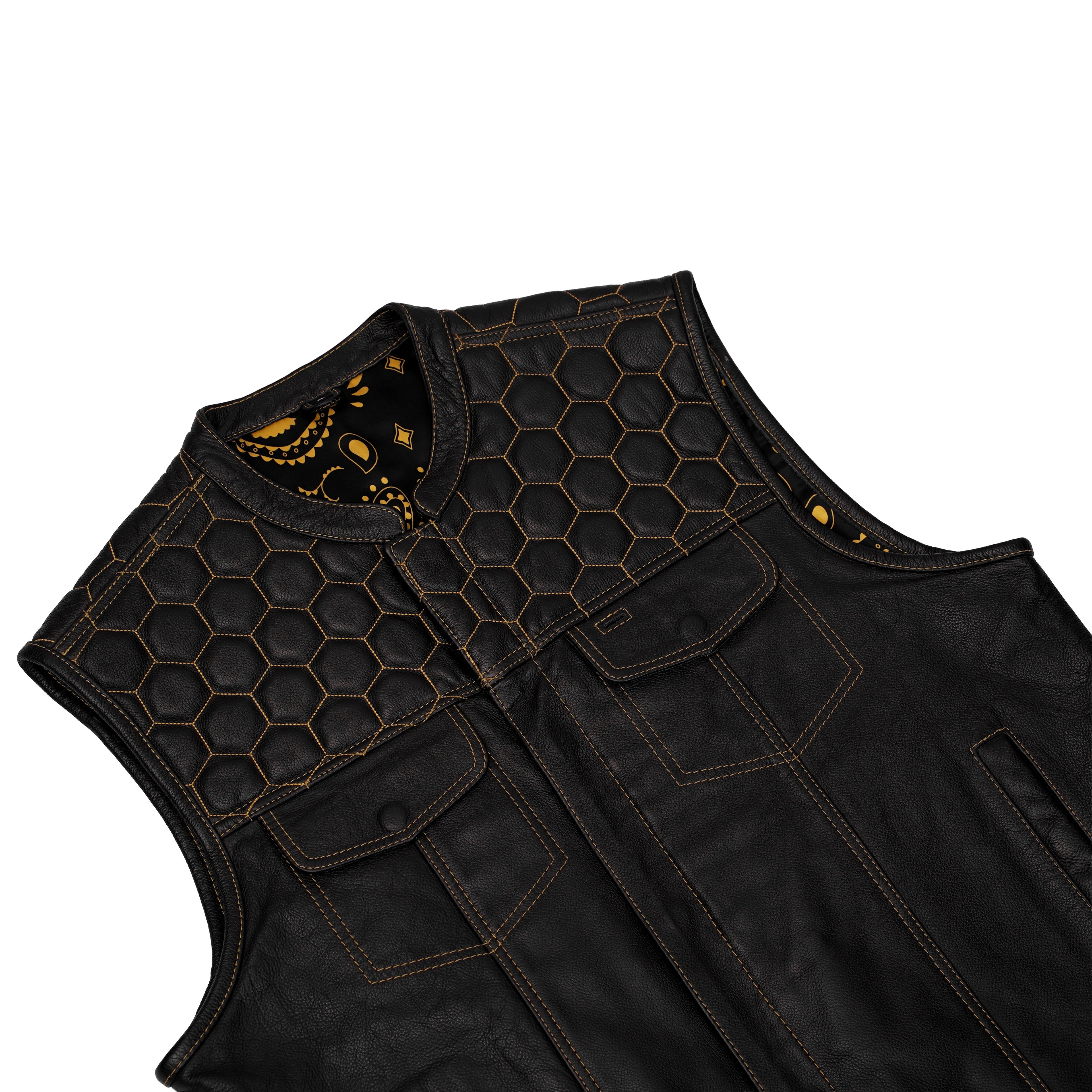 Men's Gold Rush Black Leather Vest - Yellow Stitching