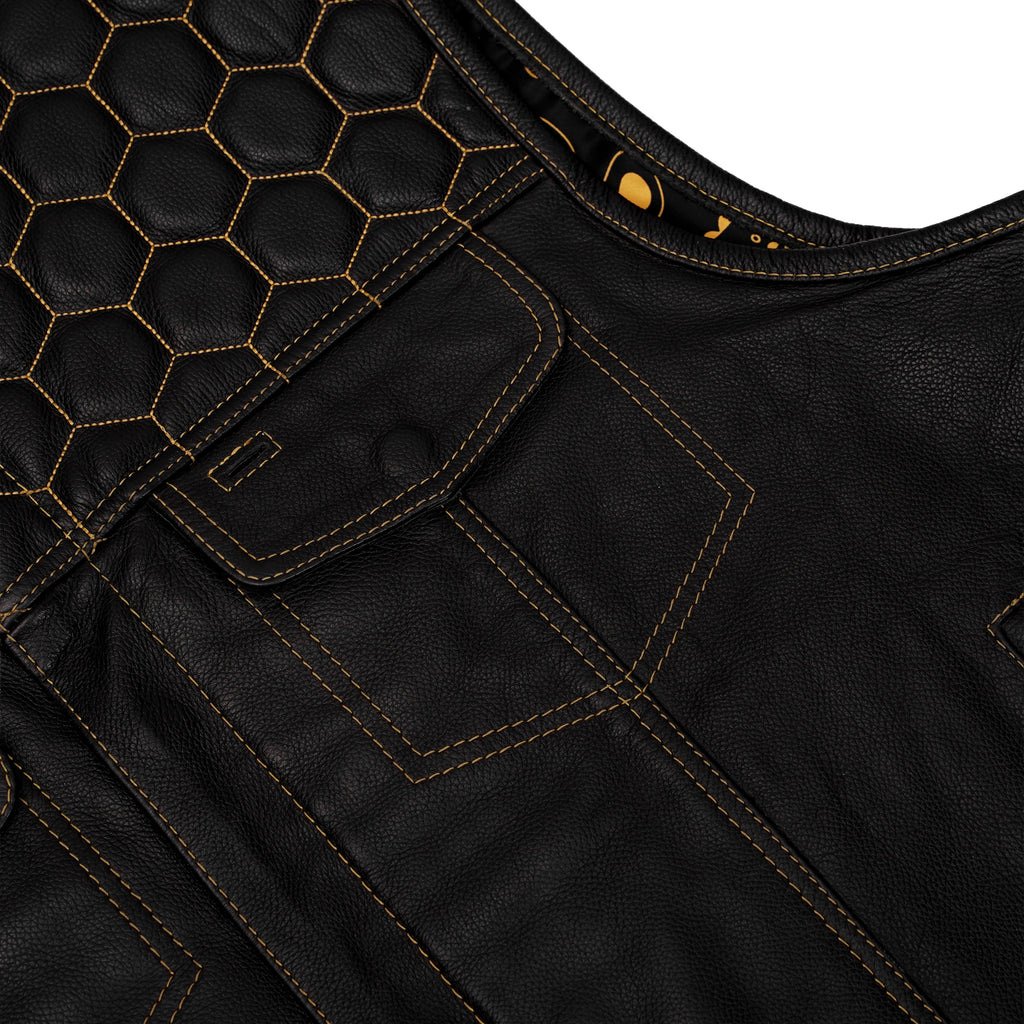 Men's Gold Rush Black Leather Vest - Yellow Stitching
