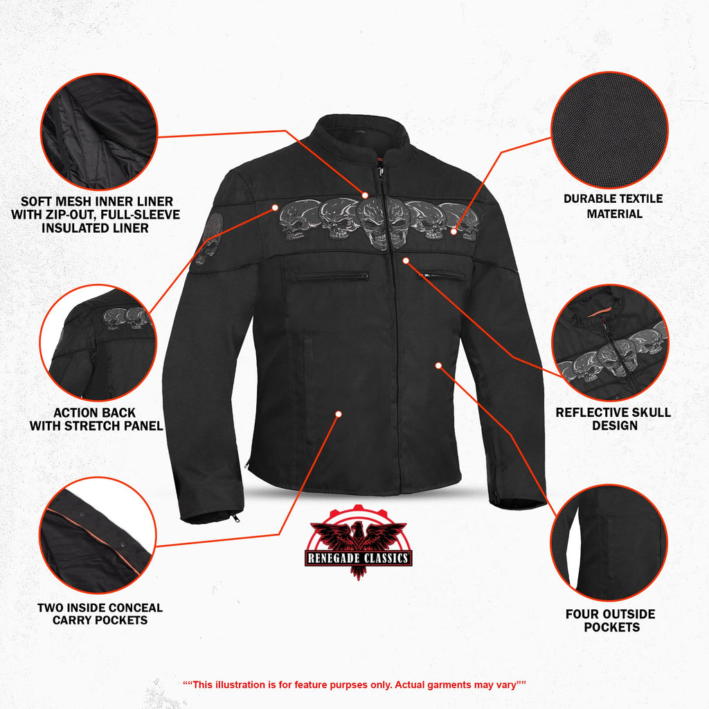 Men's Textile Scooter Style Jacket w/ Reflective Skulls