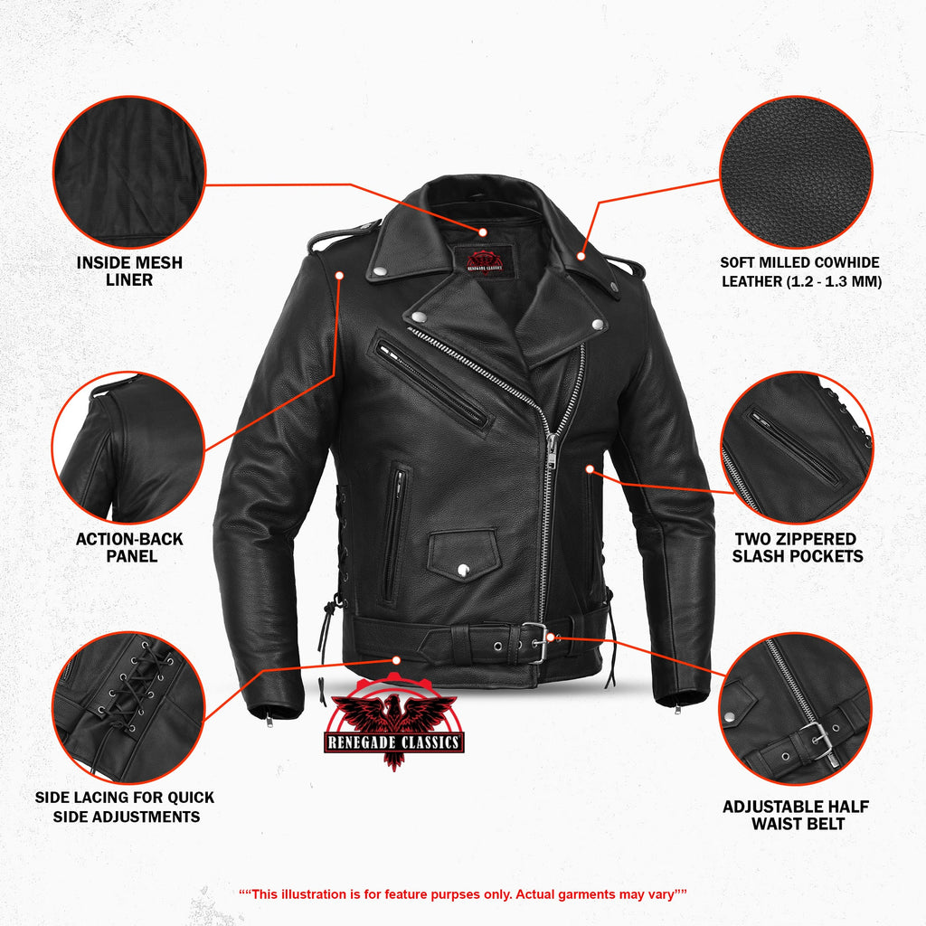 Men's Classic Side Lace Black Leather Motorcycle Jacket