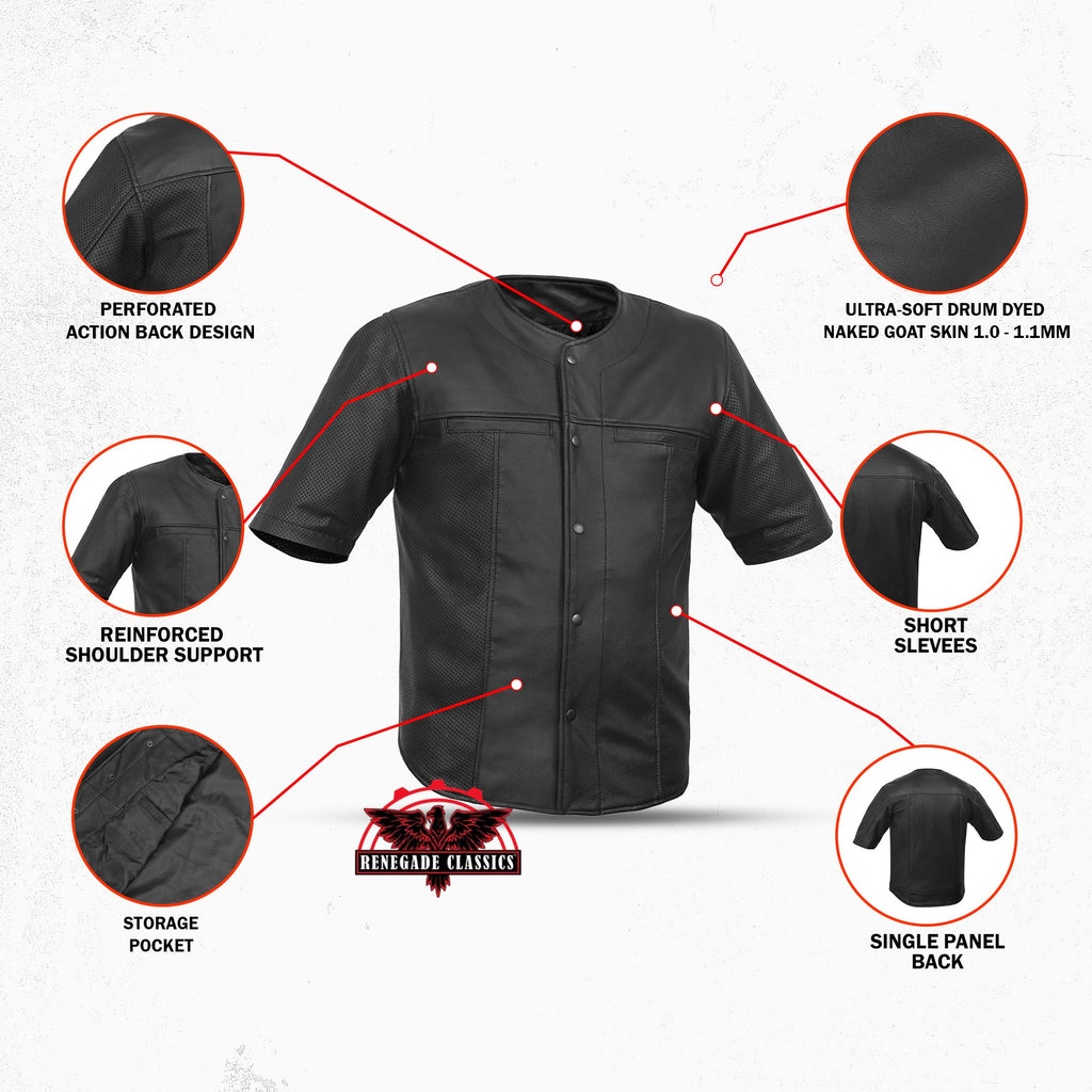 Men's  Leather Baseball Motorcycle Shirt - Black