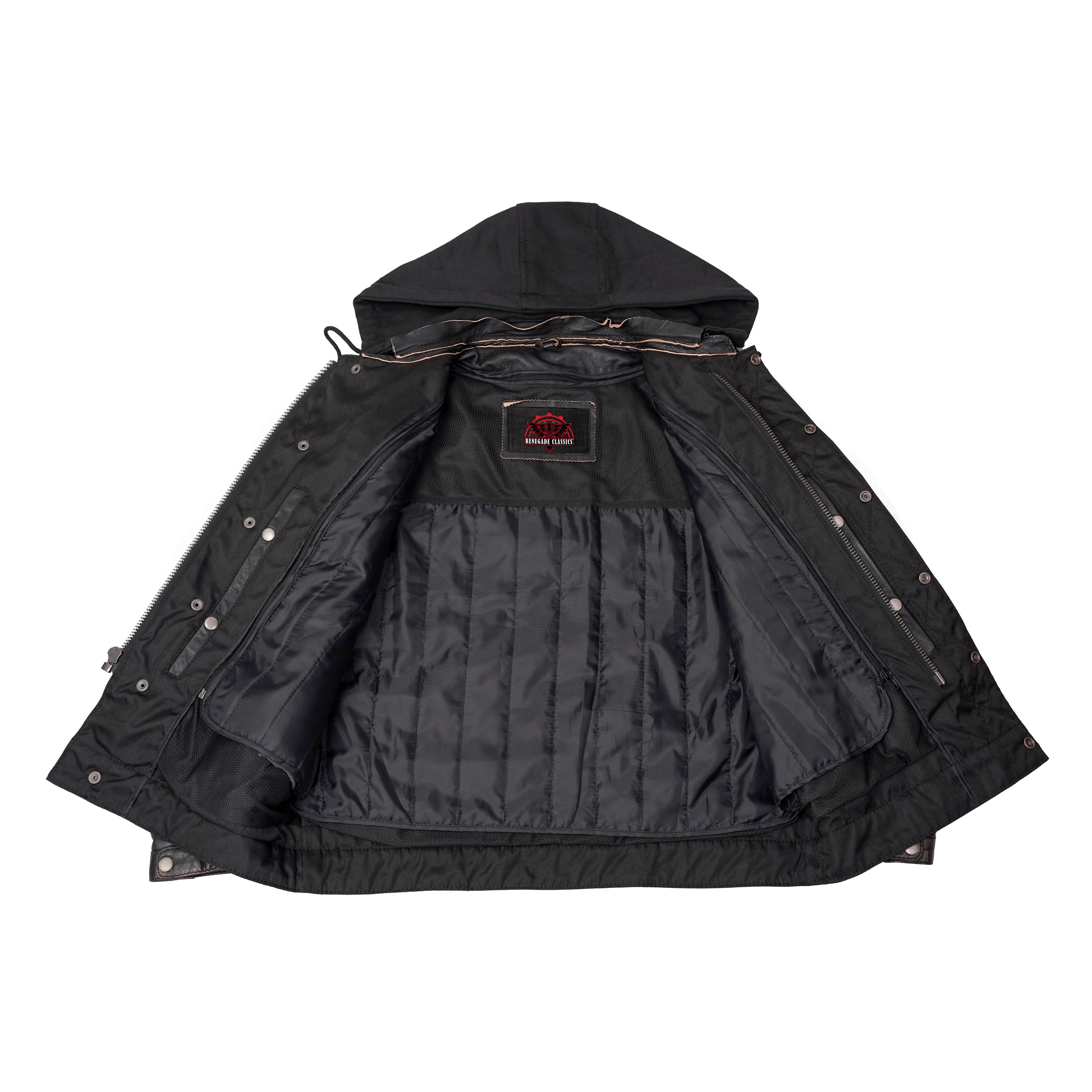 Men's Black Lightweight Drum Dyed  Distressed Lambskin Jacket with Removable Hoodie