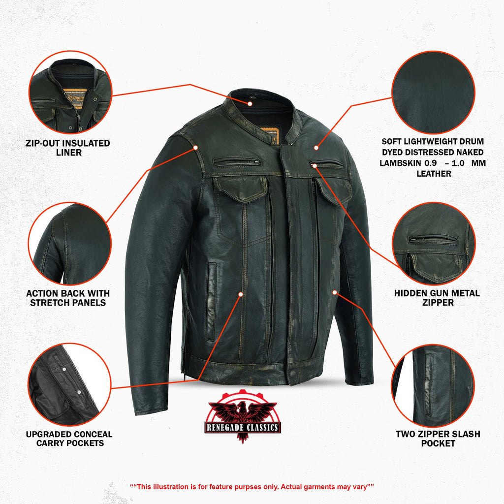 Men's Modern Utility Style Jacket in Lightweight Drum Dyed Distressed Naked Lambskin