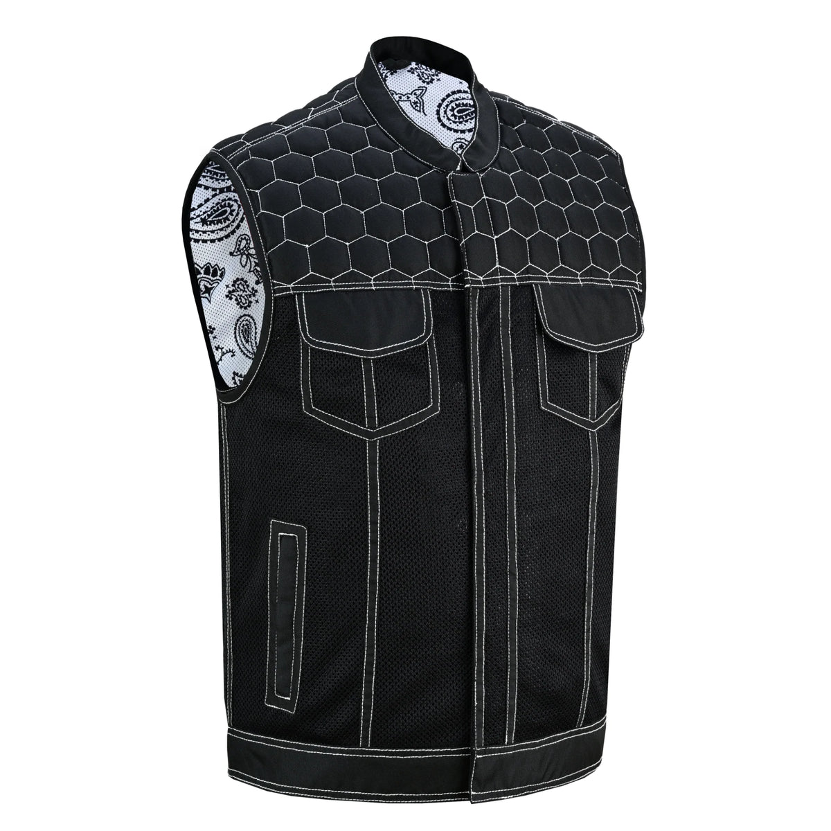 Men's Black Mesh Textile Vest with White Paisley Liner