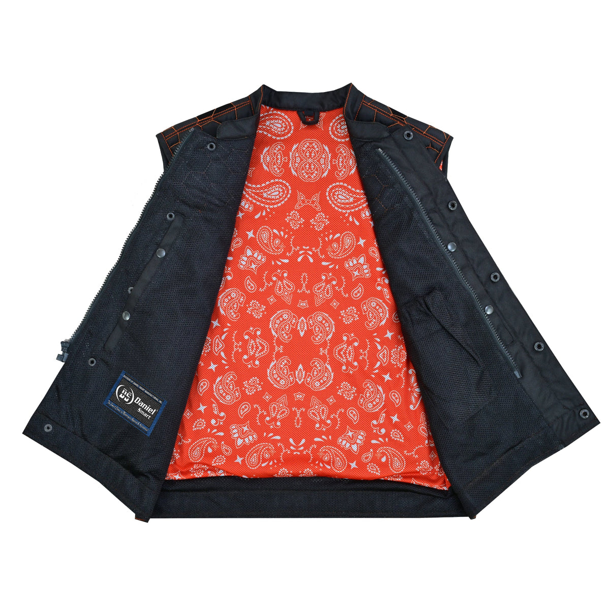 Night Tiger Men's Black Mesh Textile Vest with Orange Diamond Stitch