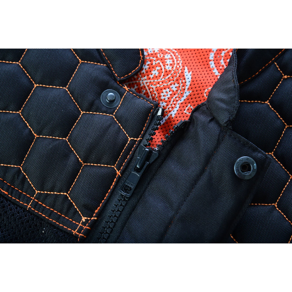 Night Tiger Men's Black Mesh Textile Vest with Orange Diamond Stitch