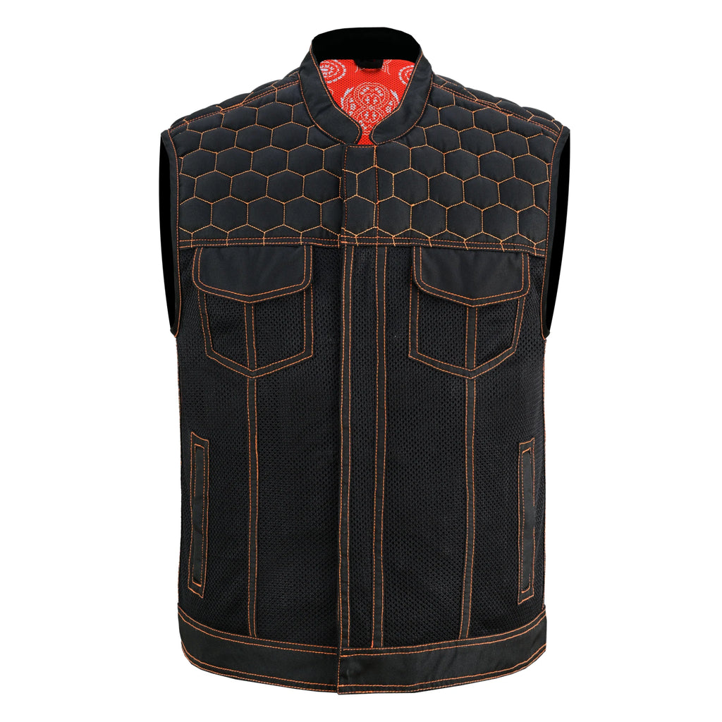 Night Tiger Men's Black Mesh Textile Vest with Orange Diamond Stitch