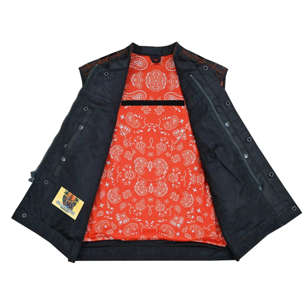 Night Tiger Men's Black Mesh Textile Vest with Orange Diamond Stitch