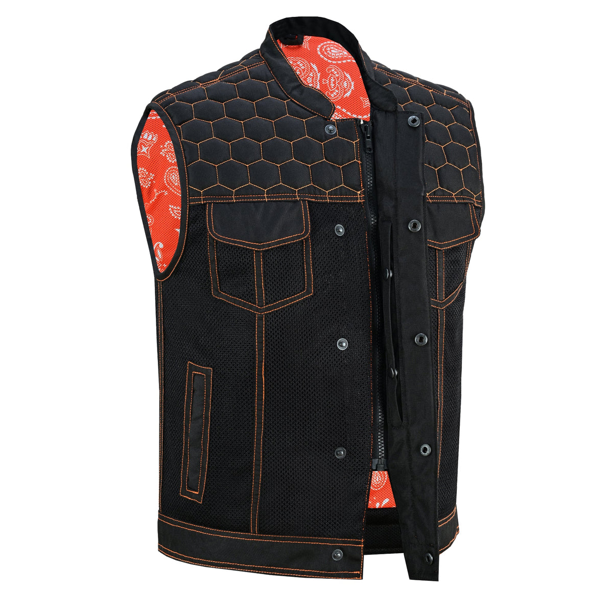 Night Tiger Men's Black Mesh Textile Vest with Orange Diamond Stitch