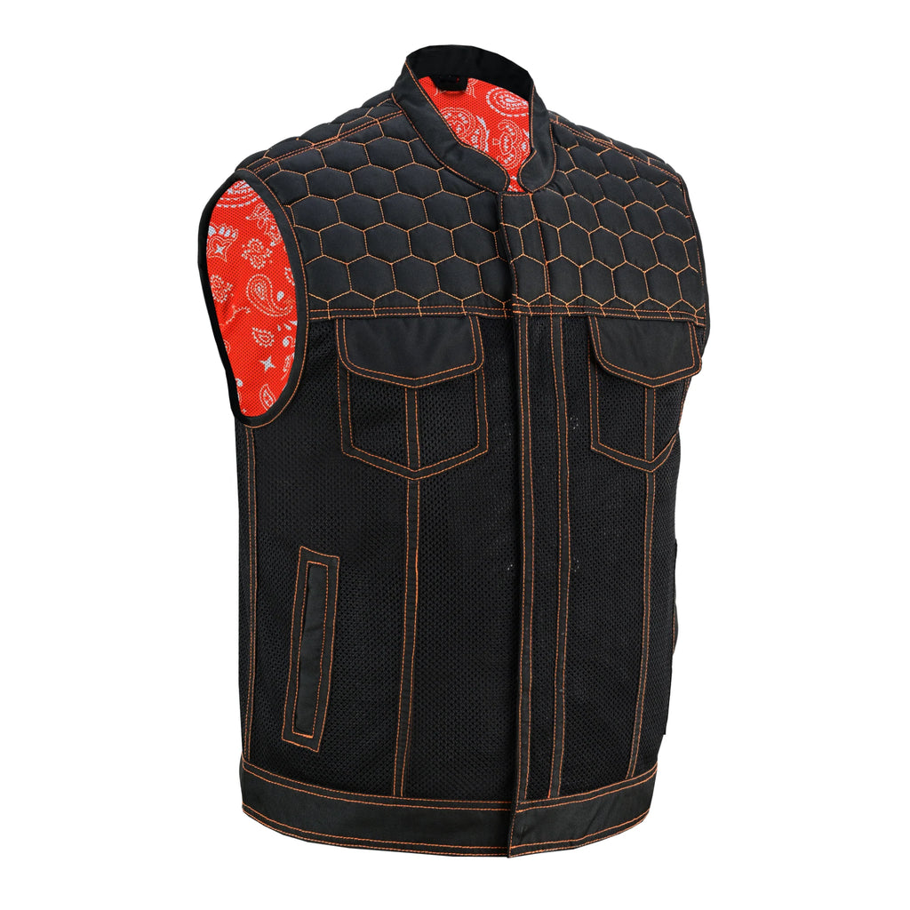 Night Tiger Men's Black Mesh Textile Vest with Orange Diamond Stitch