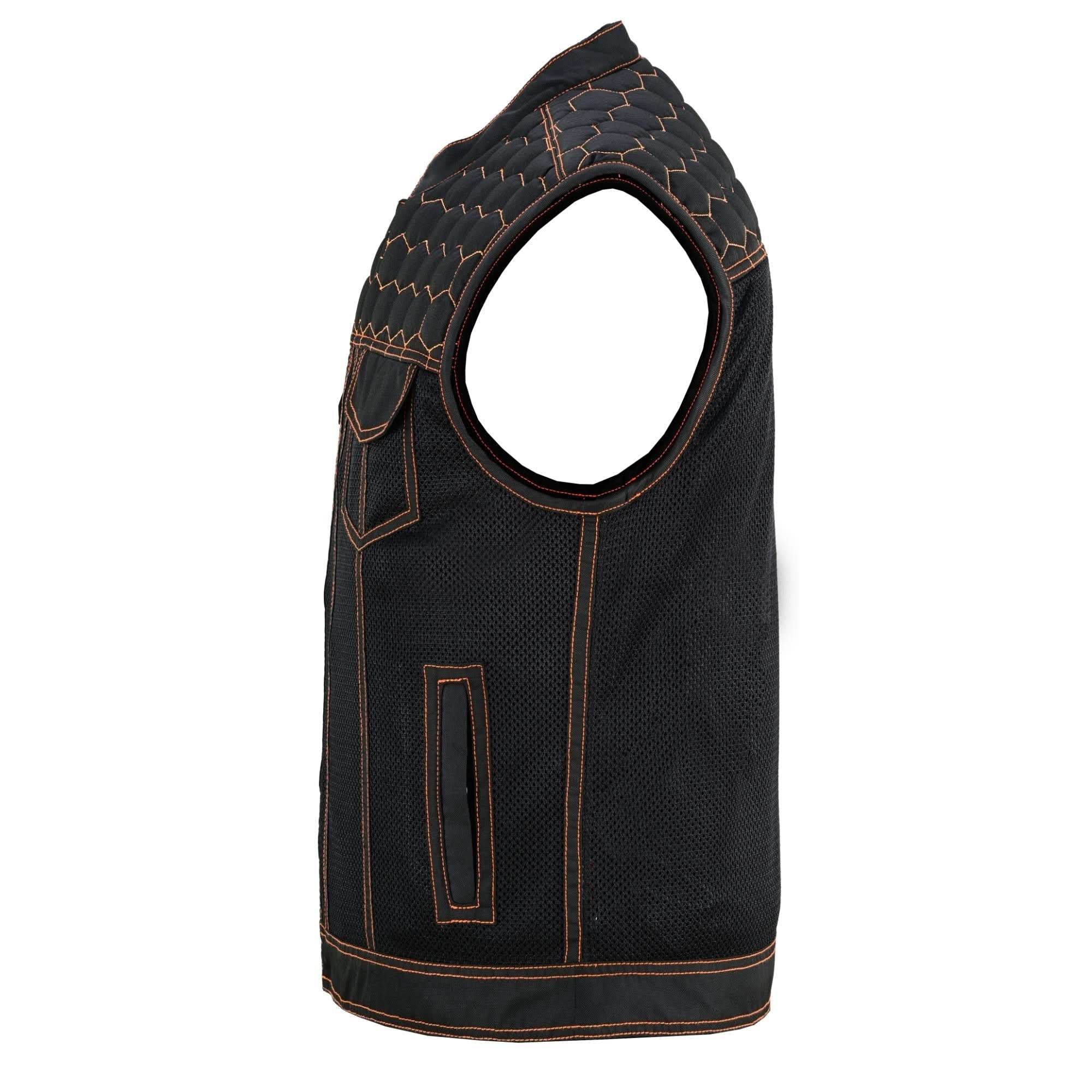 Night Tiger Men's Black Mesh Textile Vest with Orange Diamond Stitch