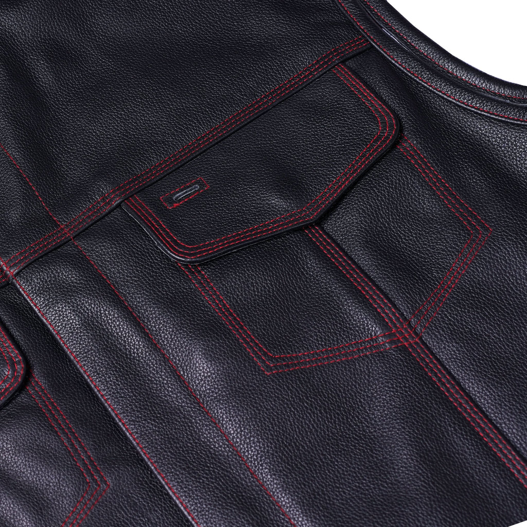 Mens's Leather Motorcycle Vest with Scoop Collar & USA Flag