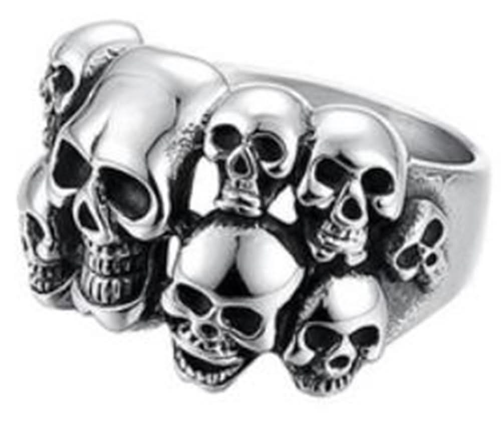 R12 Stainless Steel Multi-Skull Face Biker Ring