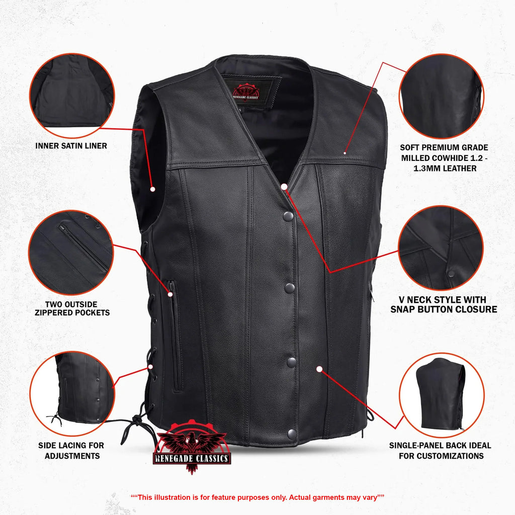 Clubster Men's Black Milled Cowhide Side Lace Motorcycle Leather Vest