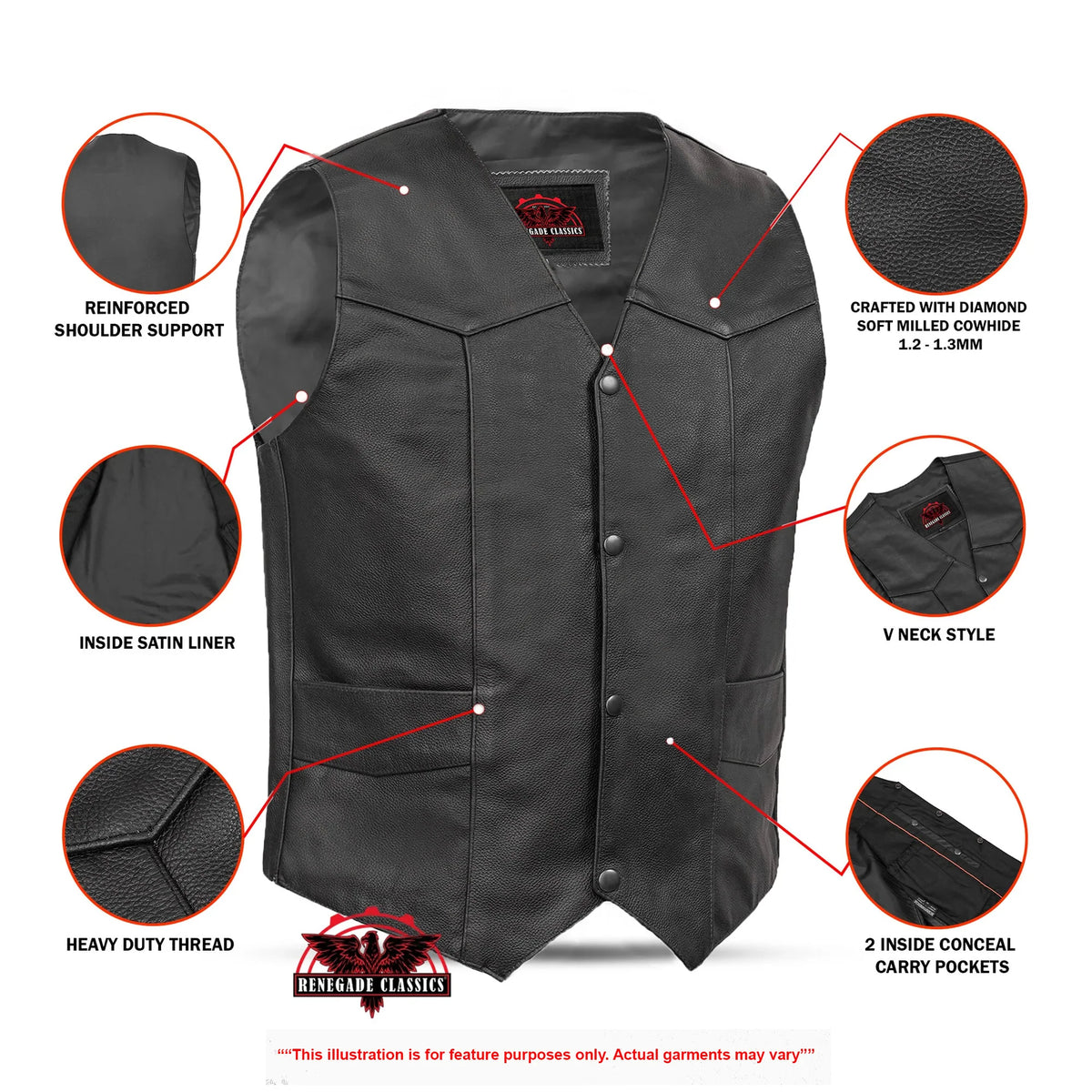 Men's Traditional Leather Motorcycle Vest - Black