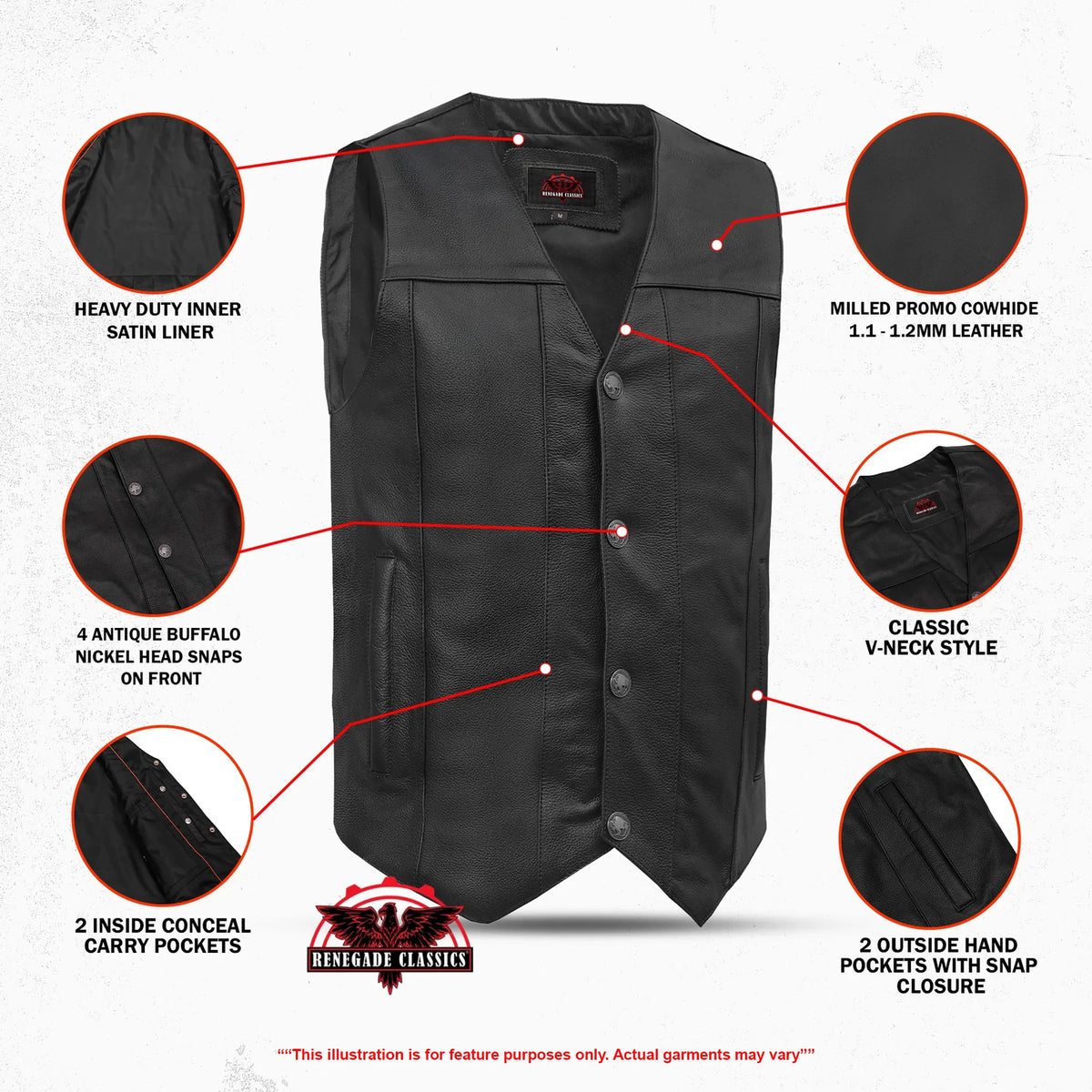 Men's Milled Single Back Panel Leather Vest - Black