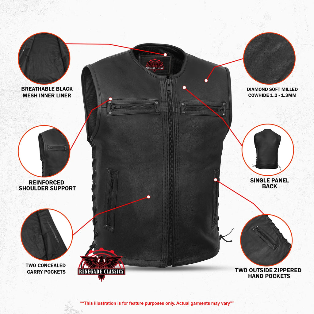 Men's Zipper Front Black Leather Motorcycle Vest