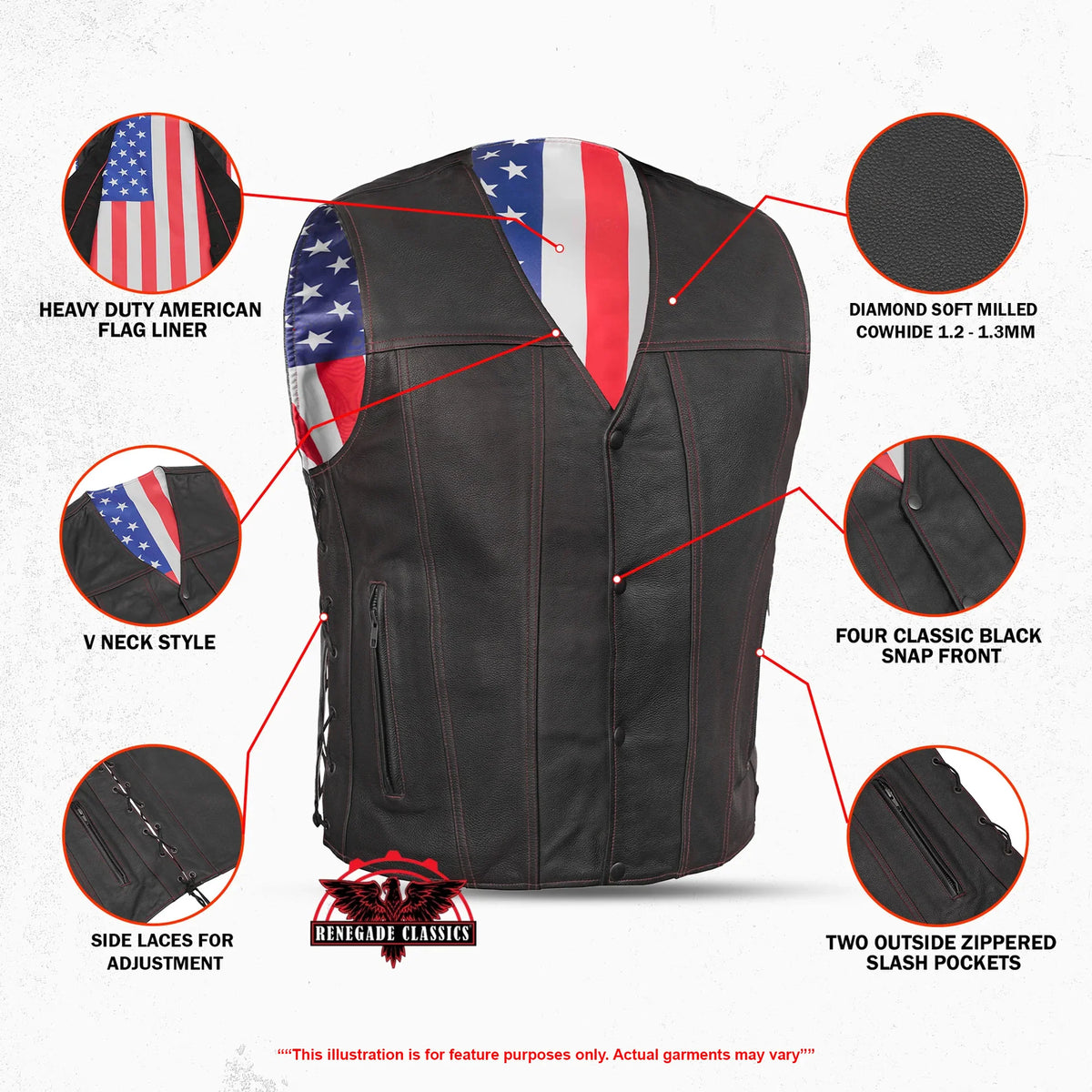 Men's Honor Ride Black Leather Motorcycle Vest with Red Stitching