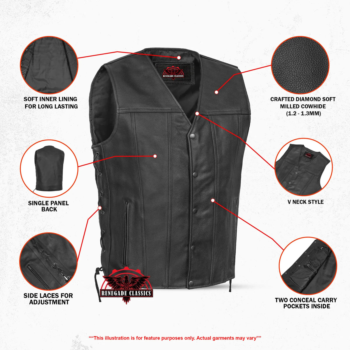Men's Tall Classic Tapered Bottom Biker Leather Vest- Black