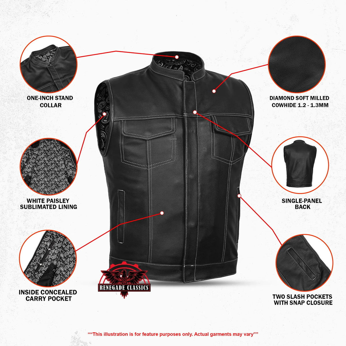 Men's Paisley Black Leather Motorcycle Vest with White Stitching
