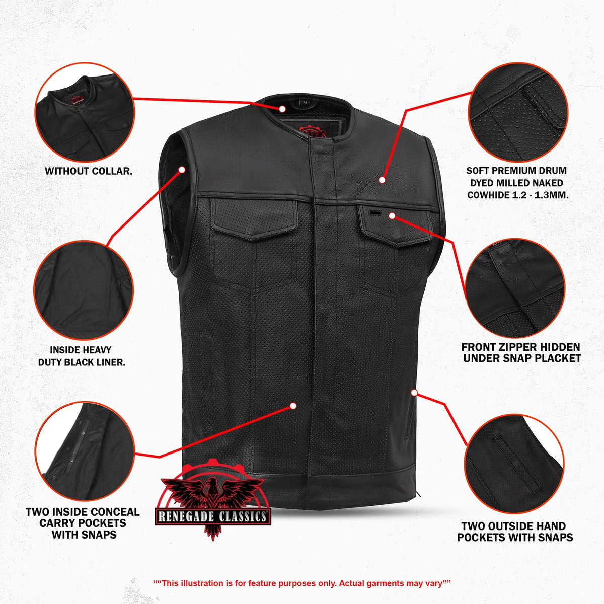 Men's Collarless Perforated Leather Vest - Black