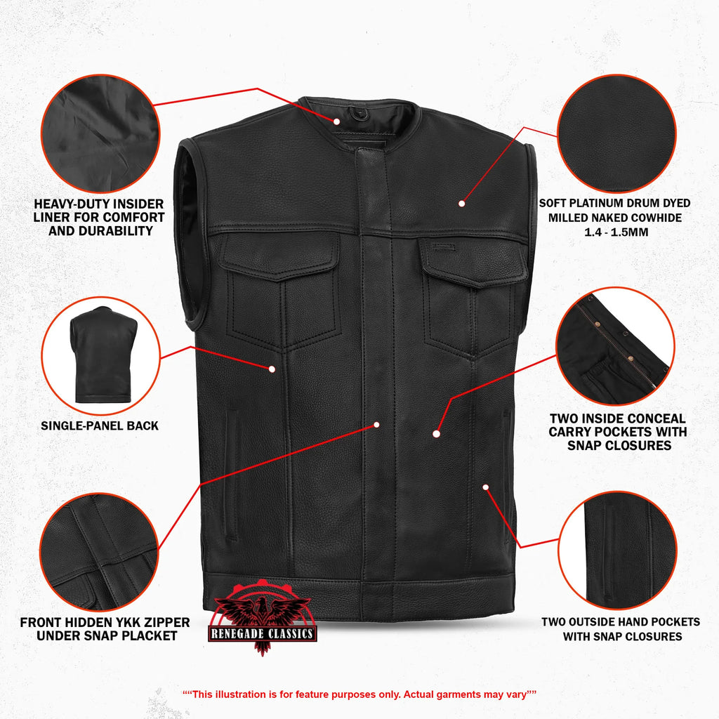 Men's Black Leather Motorcycle Vest with Upgraded Style