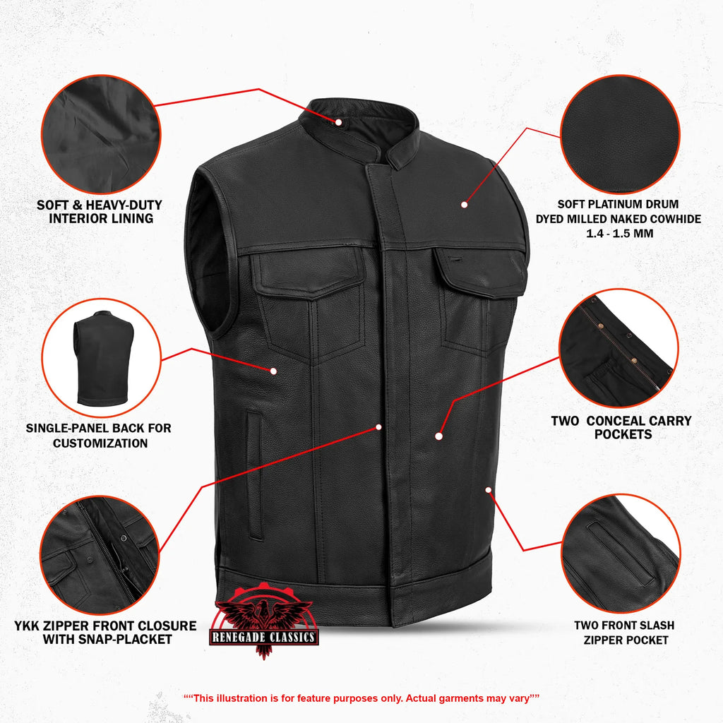 Renegade Classics Pick Black Motorcycle Vest with Smart Access Pockets