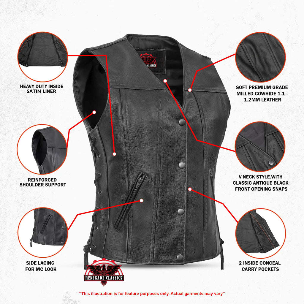 Ella Women's leather motorcycle vest -  Black