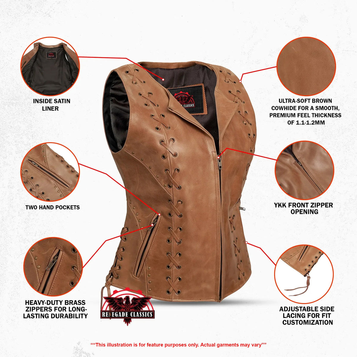 Women's Brown Zippered Vest with Lacing Details