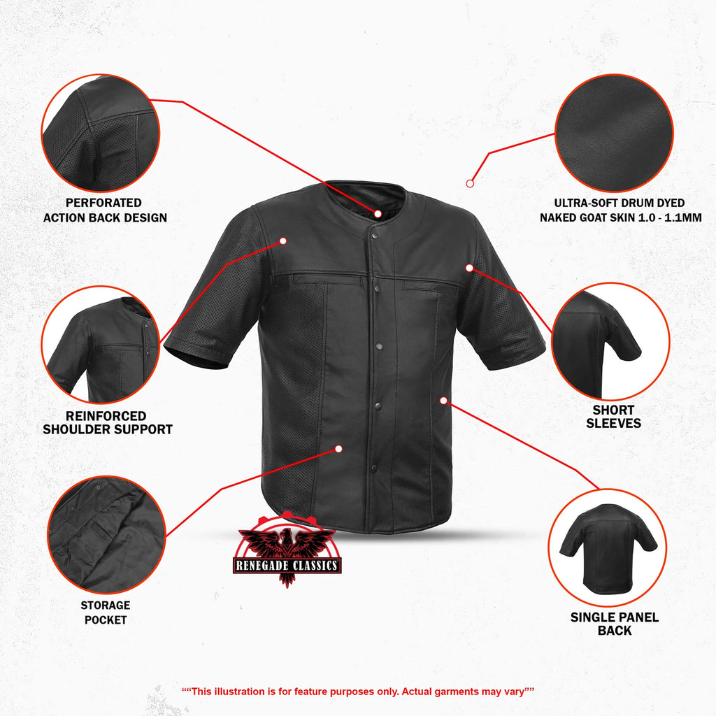 Men's  Leather Baseball Motorcycle Shirt - Black