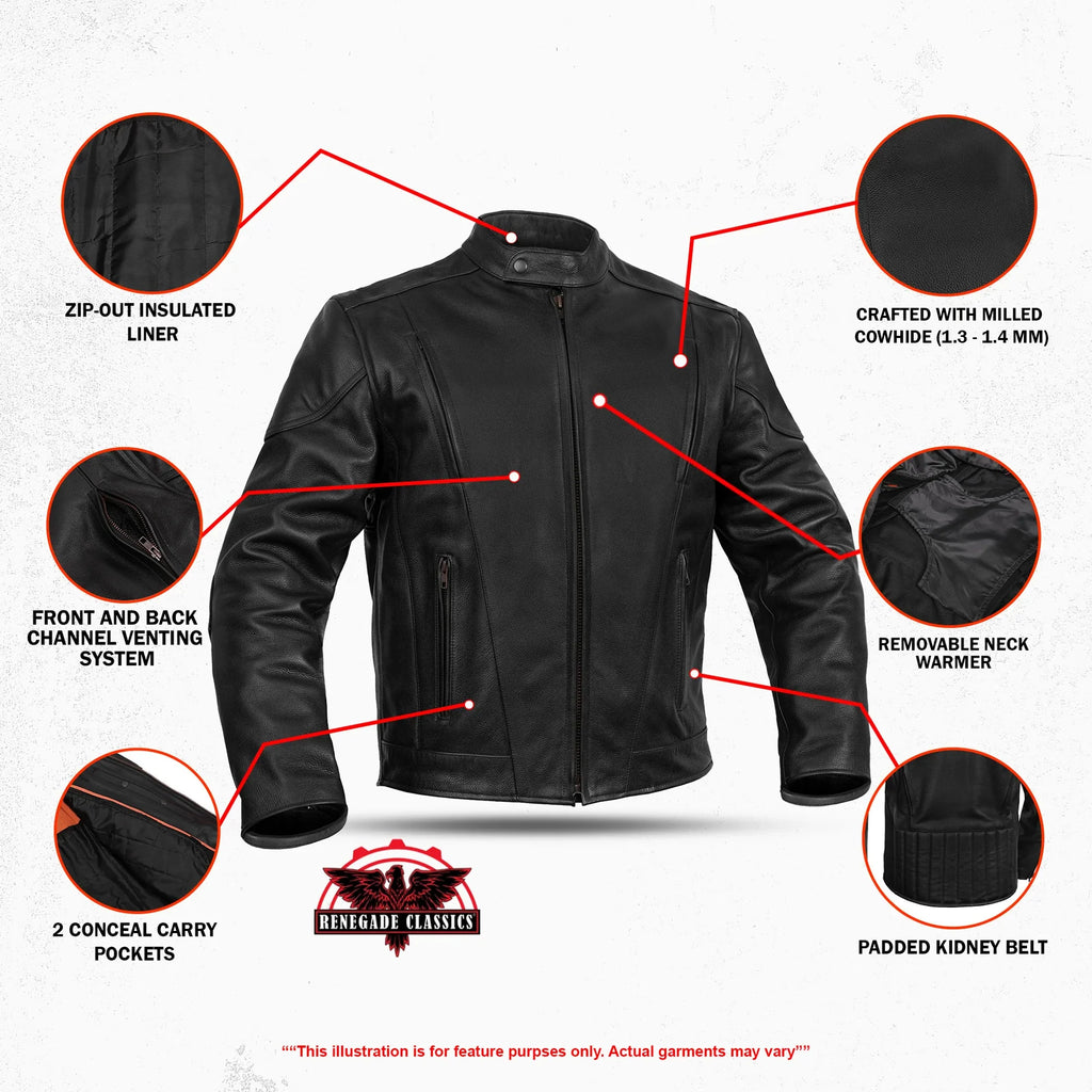 Men's Black Vented Motorcycle Jacket with Plain Sides