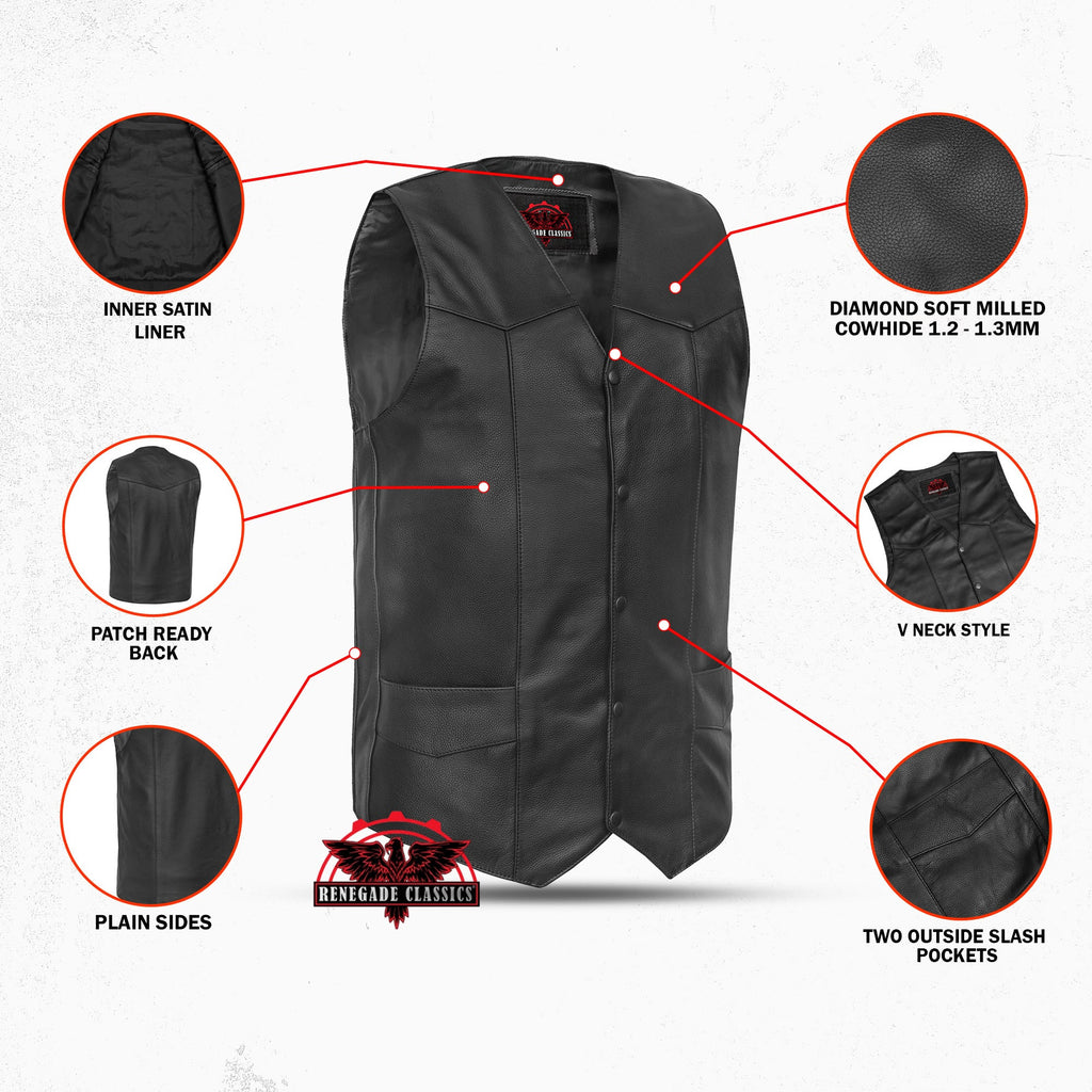 Men's Tall Classic Motorcycle Leather Vest - Black