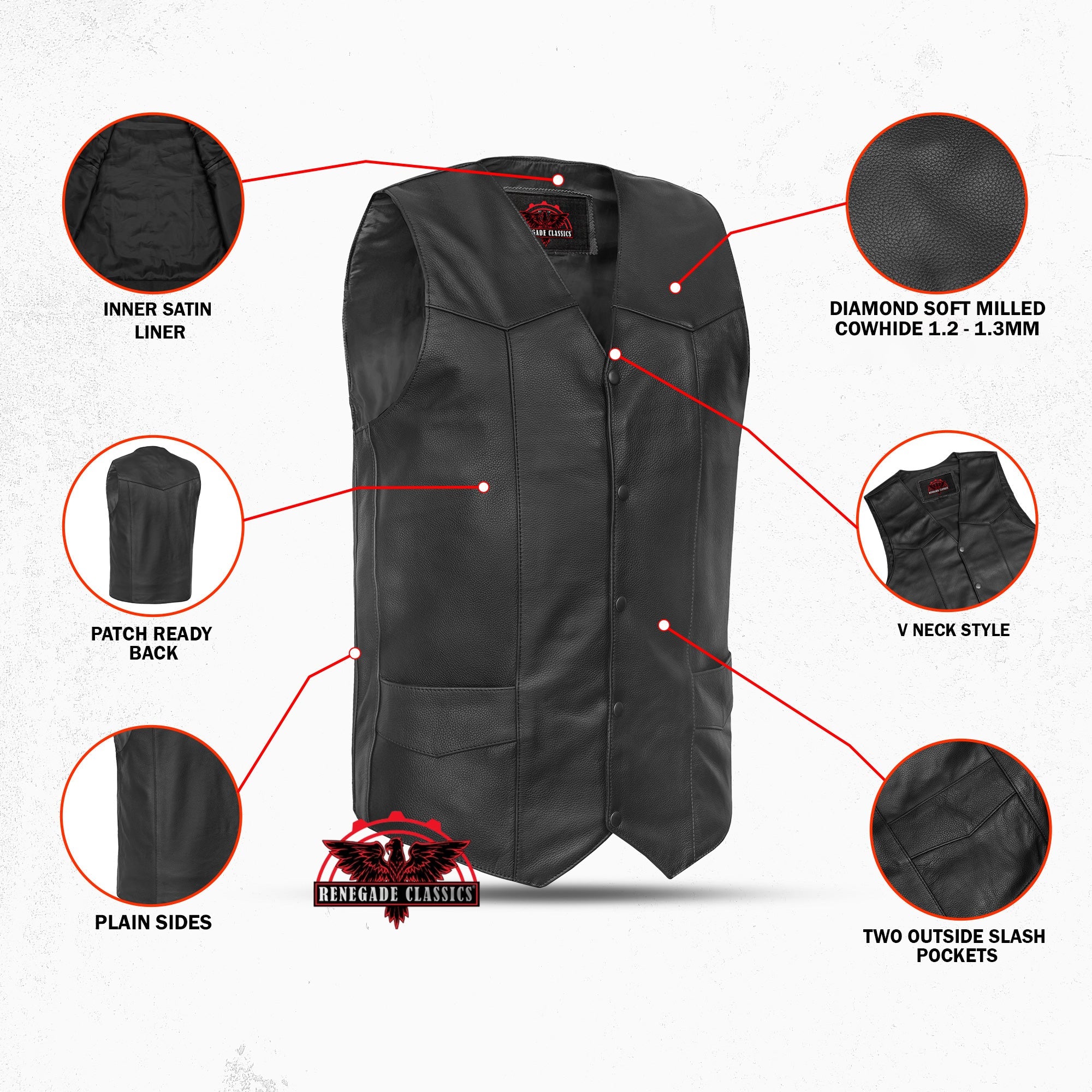 Men's Tall Classic Motorcycle Leather Vest - Black