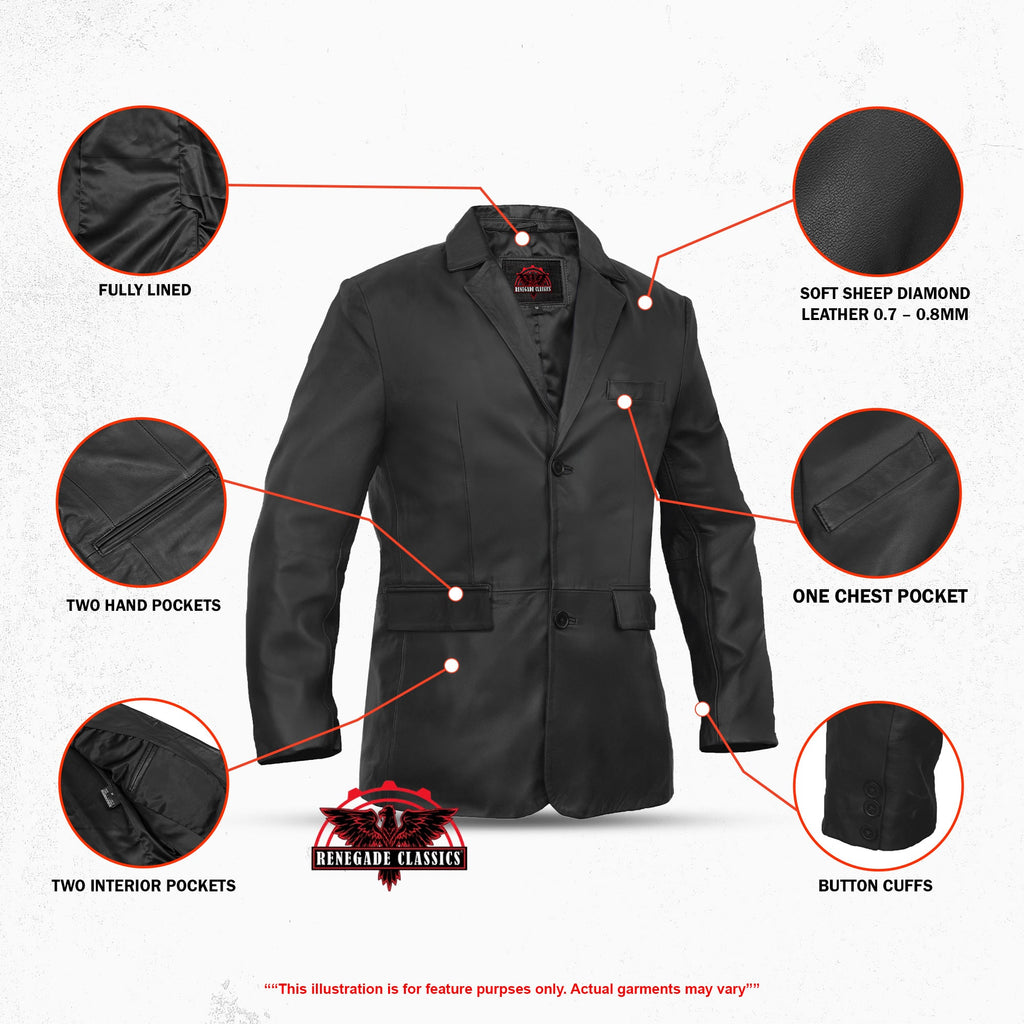 Retro Trim Men's Black Sheep Skin Leather Blazer