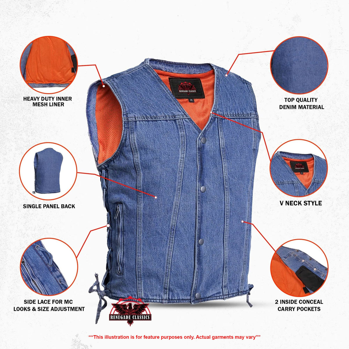 Men's Blue Denim Motorcycle Vest with Lace & Pockets