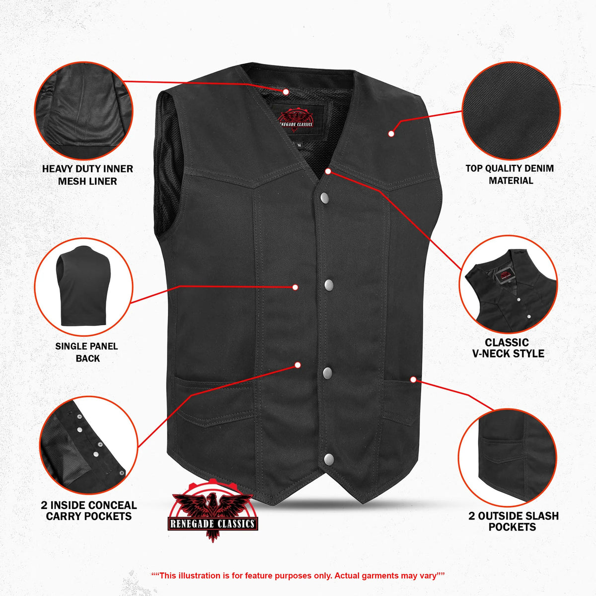 Men's Traditional Motorcycle Denim Vest with Plain Sides